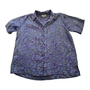 Vintage Bogari Blue Floral Silk Shirt Blouse Women Size M